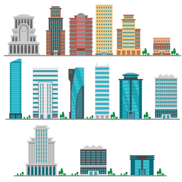 illustrazioni stock, clip art, cartoni animati e icone di tendenza di edifici piatti moderni della città - skyscraper skyline built structure business