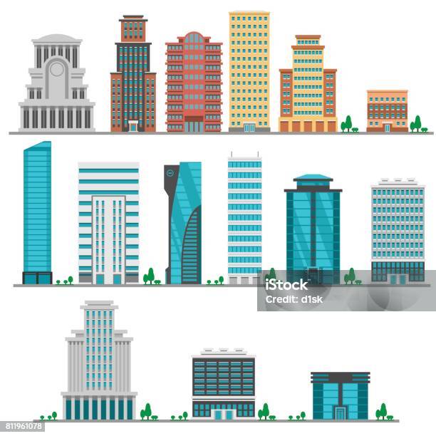 Vetores de Modernos Edifícios De Cidade Planos e mais imagens de Exterior de Prédio - Exterior de Prédio, Arranha-céu, Setor de construção
