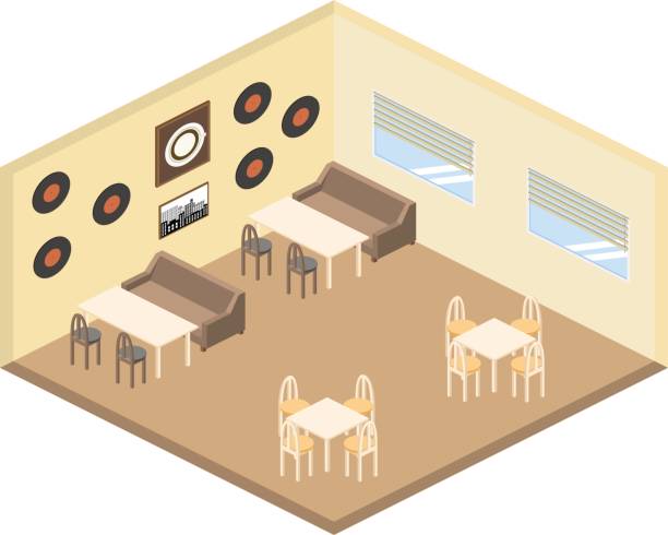 ilustraciones, imágenes clip art, dibujos animados e iconos de stock de diseño de infografía isométrica cafetería vectorial - isometric people cafe coffee shop