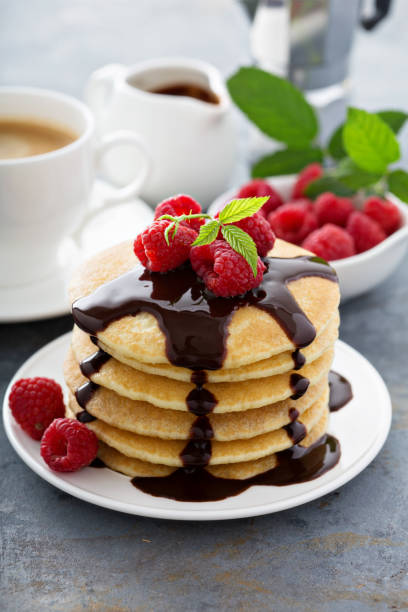 istock Stack of fluffy buttermilk pancakes with chocolate 811964112