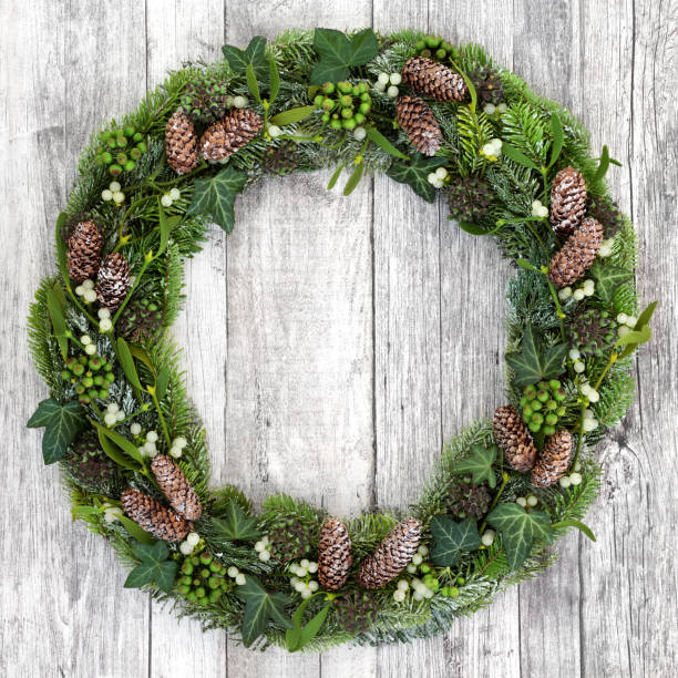 зимний венок из зелени - wreath christmas door snow стоковые фото и изображения