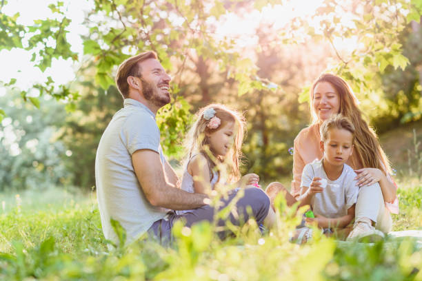 istock Family on a picnic blow soap bubbles 811970558