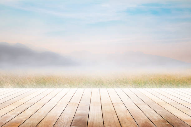 istock Empty wooden table with party in garden background blurred. 812017386