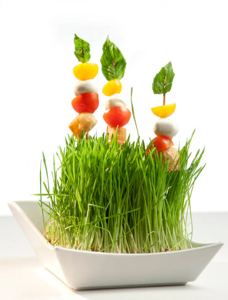 Living wheatgrass salad with vegetable skewers stock photo