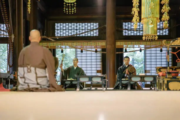 Monks praying during morning cerimony inside a buddhist temple