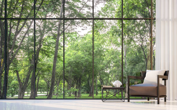 Modern living room with garden view 3d rendering Image Modern living room with garden view 3d rendering Image.There are large window overlooking the surrounding garden and nature bay window stock pictures, royalty-free photos & images