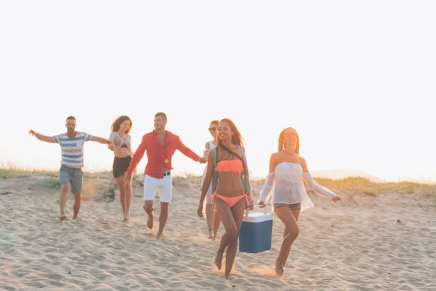 istock Hipster  friends at beach on sunset 812040314