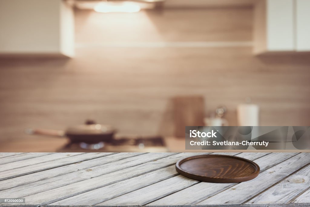Kitchen Abstract Background Blurred And Abstract Kitchen Background Empty Wooden Tabletop With ...