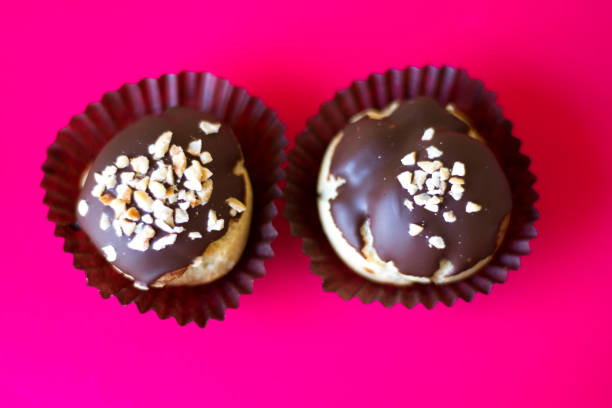 Two chocolate cream puffs on a vibrant pink background with plenty of copy space.