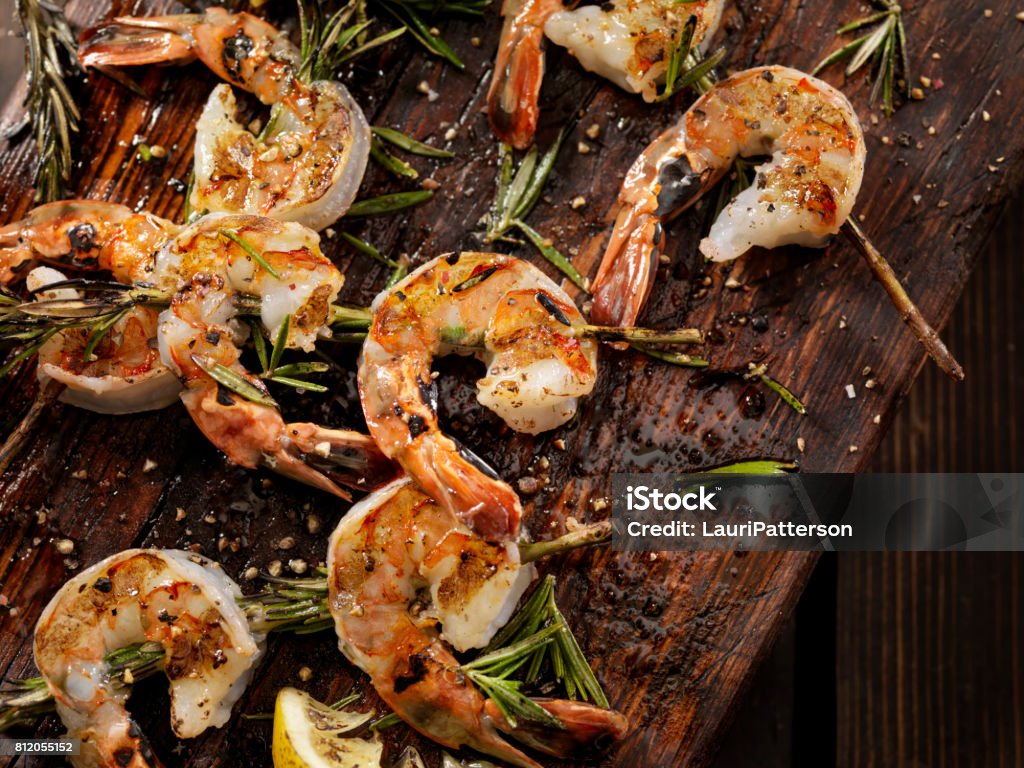 Grilled Shrimp on Rosemary Skewers Shrimp - Seafood Stock Photo