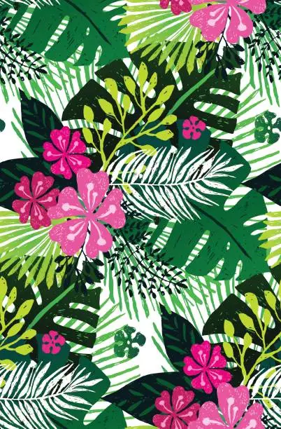 Vector illustration of Seamless exotic pattern with pink green palm leaves on white background.