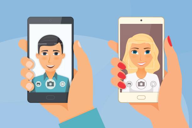 Pretty girl and young boy takes selfie using a smartphone Pretty girl and young boy takes selfie using a smartphone. Vector illustration. phone cover isolated stock illustrations