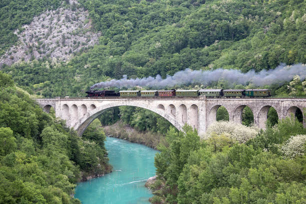istock Old steam train on the Solkan bridge 812085752