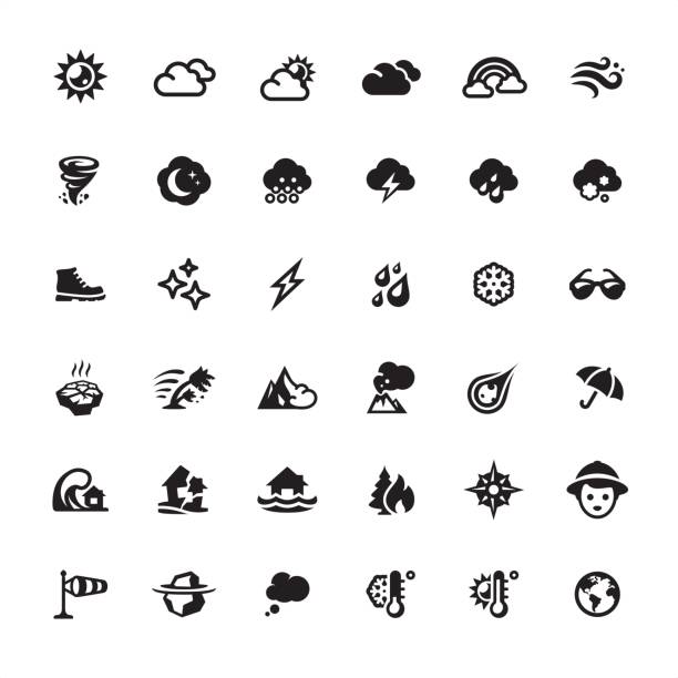 ilustrações de stock, clip art, desenhos animados e ícones de weather and climate icons set - rain tornado overcast storm