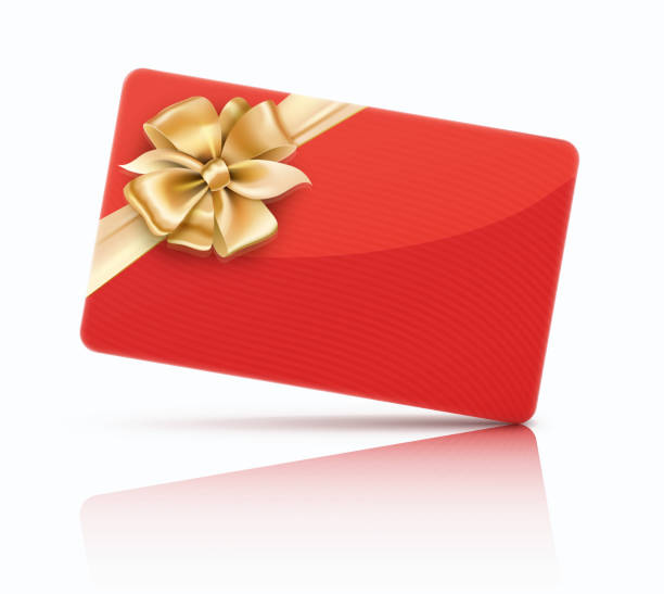 red decorated gift card Vector illustration of red decorated gift card with golden ribbons and bow gift certificate stock illustrations