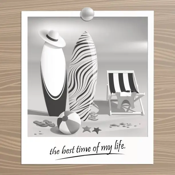 Vector illustration of Old black and white photo. Summer. Surfboards and beach ball. Sea. Recliner. Summer rest. Vector Illustration