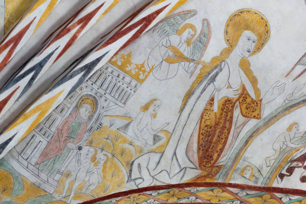 virgin mary standing in the kingdom of heaven, a gothic fresco - denmark indoors church angel imagens e fotografias de stock