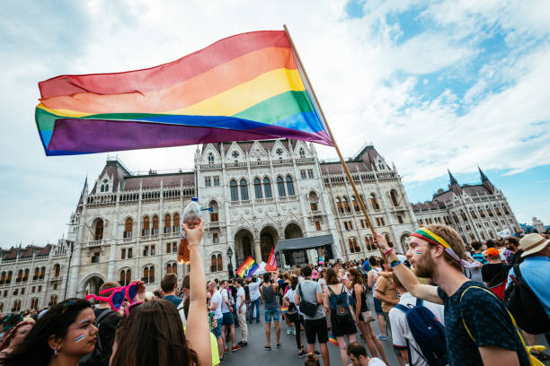 gay pride parade in budapest, hungary - crowd in front of the budapest parliament - crowd community large group of people protest imagens e fotografias de stock