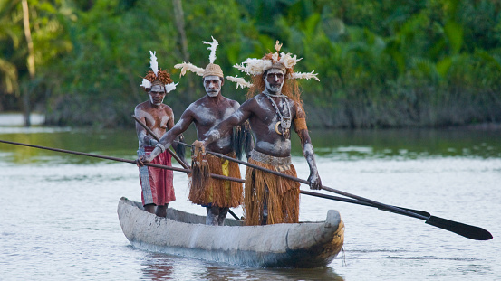 Warriors Asmat tribe are use traditional canoe. On January 19, 2012  Jow Village, Asmat province, Indonesia