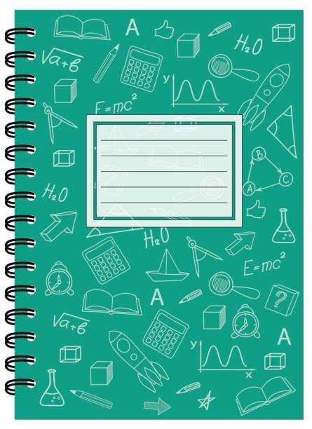 A5 cover design school notebook with spiral Cover design with hand drawn education icons and symbols for school tutorial cover, notebook, sketchbook, album, copybook. Cover A5 notebook template with spiral and empty space. EPS 10. coloring book cover stock illustrations