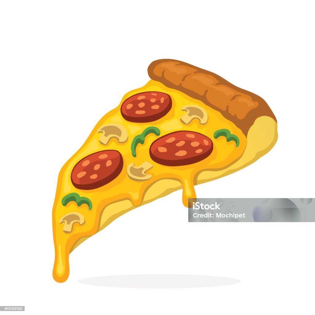 Pizza slice with melted cheese pepperoni and mushrooms Vector illustration in cartoon style. Pizza slice with melted cheese pepperoni and mushrooms. Unhealthy food. Decoration for patches, prints for clothes, badges, posters, emblems, menus Pizza stock vector