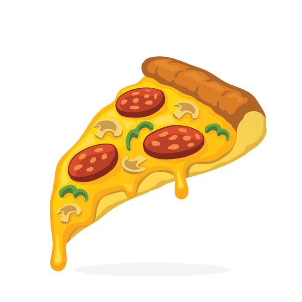Pizza slice with melted cheese pepperoni and mushrooms Vector illustration in cartoon style. Pizza slice with melted cheese pepperoni and mushrooms. Unhealthy food. Decoration for patches, prints for clothes, badges, posters, emblems, menus pizza slice stock illustrations