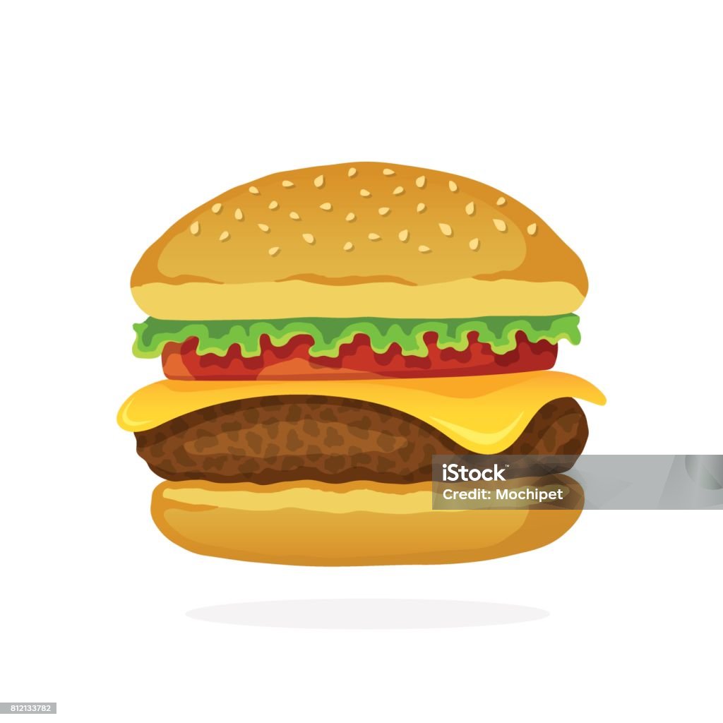 Hamburger With Cheese Tomato And Salad Stock Illustration - Download Image  Now - Burger, Hamburger, Cartoon - iStock