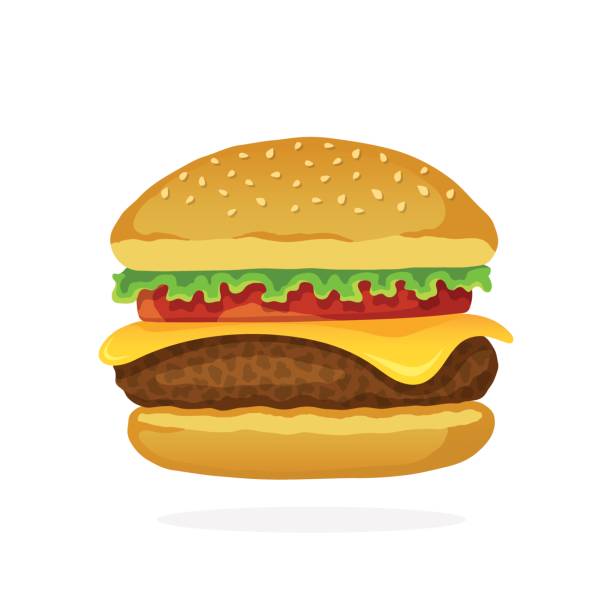 Hamburger with cheese, tomato and salad Vector illustration in flat style. Hamburger with cheese, tomato and salad. Unhealthy food. Sticker in cartoon style with contour. Decoration for patches, prints for clothes, badges, posters, emblems, menus burger stock illustrations
