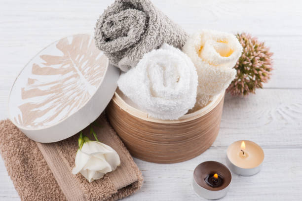istock Set of bathroom accessory on wooden background 812133828