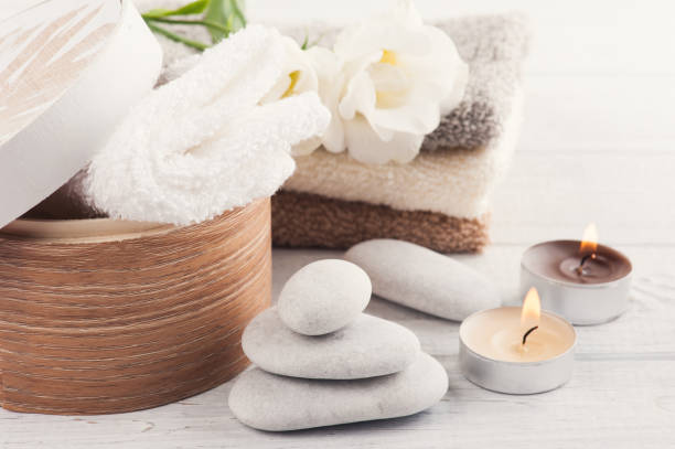 istock Set of bathroom accessory on wooden background 812133934