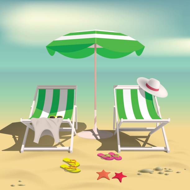 Summer. Recliners and Beach umbrella. Sea. 3D Vector Illustration Summer. Recliners and Beach umbrella. Sea. 3D Vector Illustration plage stock illustrations