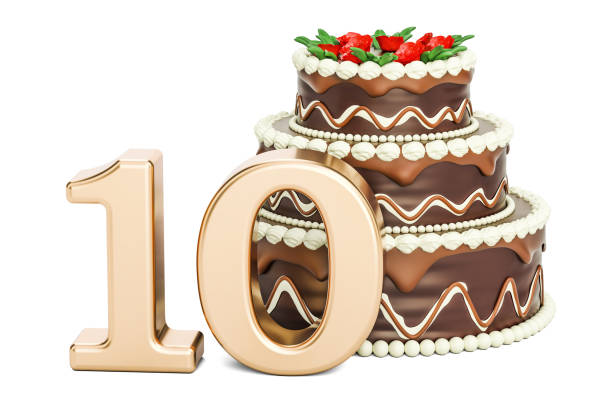 istock Chocolate Birthday cake with golden number 10, 3D rendering isolated on white background 812136472