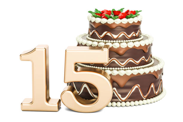 istock Chocolate Birthday cake with golden number 15, 3D rendering isolated on white background 812136476