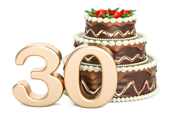 istock Chocolate Birthday cake with golden number 30, 3D rendering isolated on white background 812136488
