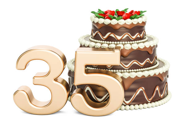 istock Chocolate Birthday cake with golden number 35, 3D rendering isolated on white background 812136494