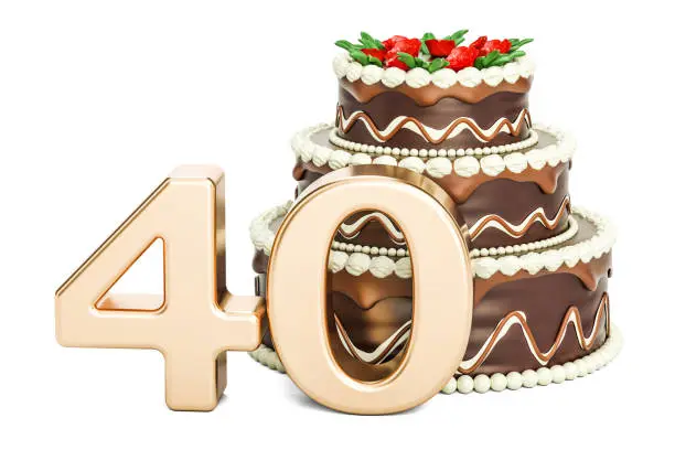 Chocolate Birthday cake with golden number 40, 3D rendering isolated on white background