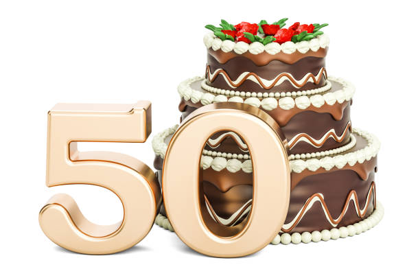 istock Chocolate Birthday cake with golden number 50, 3D rendering isolated on white background 812136498