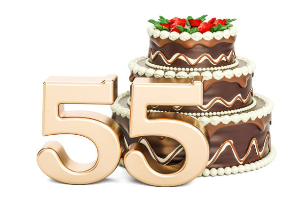 istock Chocolate Birthday cake with golden number 55, 3D rendering isolated on white background 812136508