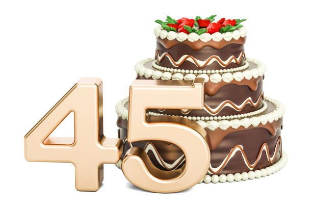 istock Chocolate Birthday cake with golden number 45, 3D rendering isolated on white background 812136510