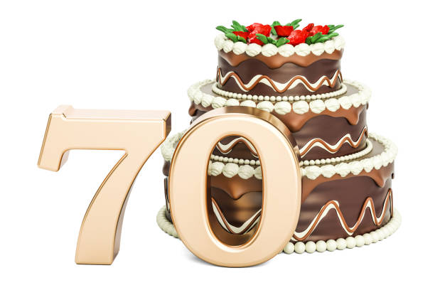 istock Chocolate Birthday cake with golden number 70, 3D rendering isolated on white background 812136512