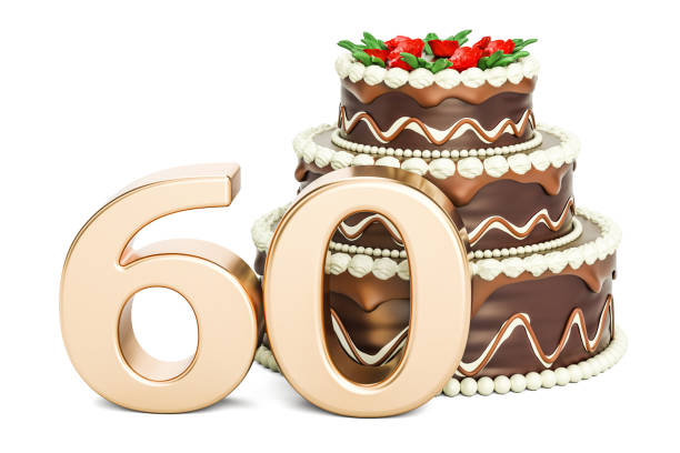 istock Chocolate Birthday cake with golden number 60, 3D rendering isolated on white background 812136514