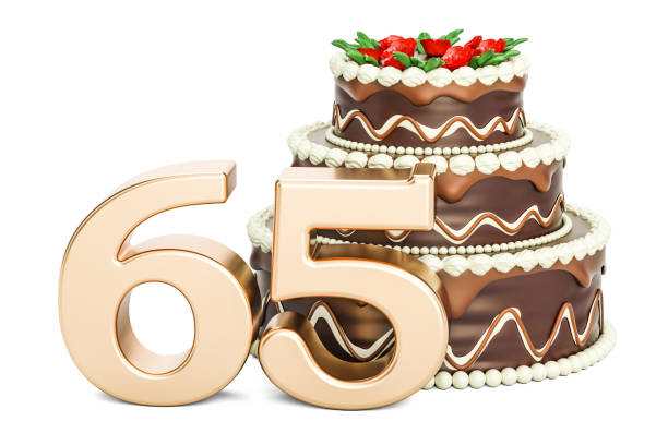 istock Chocolate Birthday cake with golden number 65, 3D rendering isolated on white background 812136518