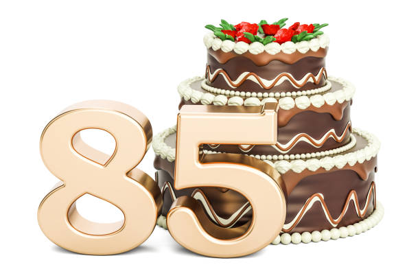 istock Chocolate Birthday cake with golden number 85, 3D rendering isolated on white background 812136524