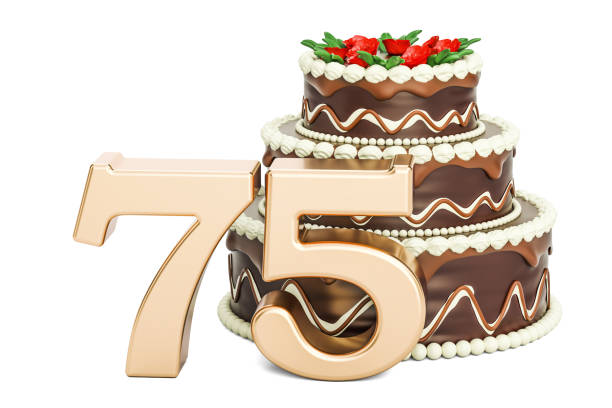 istock Chocolate Birthday cake with golden number 75, 3D rendering isolated on white background 812136526