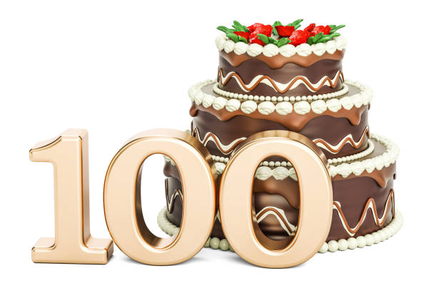 istock Chocolate Birthday cake with golden number 100, 3D rendering isolated on white background 812136530