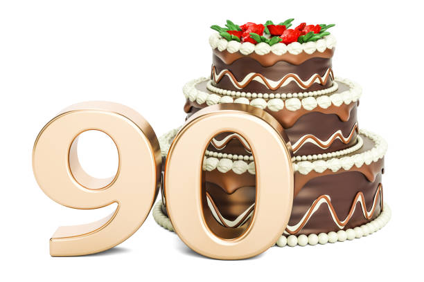 istock Chocolate Birthday cake with golden number 90, 3D rendering isolated on white background 812136532