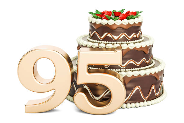 istock Chocolate Birthday cake with golden number 95, 3D rendering isolated on white background 812136540