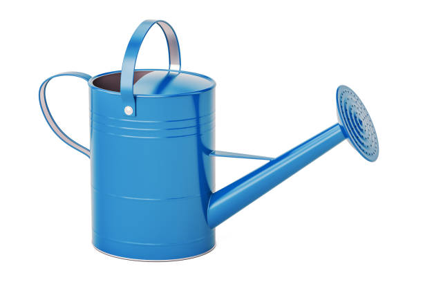 blue watering can, 3d rendering isolated on white background - watering can imagens e fotografias de stock