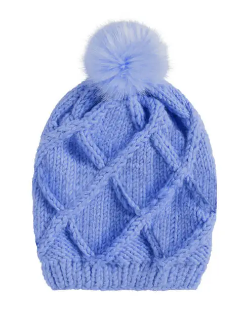 Navy blue warm winter knitted cap hat with a pom-pom isolated white