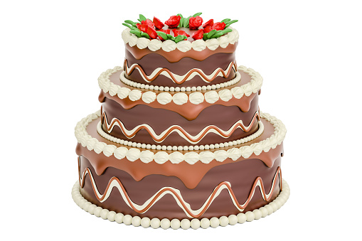 Chocolate Birthday Cake, 3D rendering isolated on white background